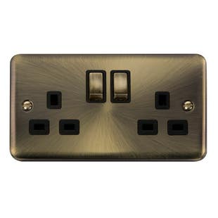 Click Deco Plus Antique Brass 13A Ingot 2 Gang DP Switched Socket with Black Insert